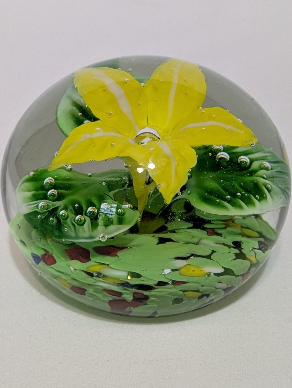 Paperweight Blown Glass Controlled Bubbles Yellow Lilly Petals Colorful Swirl